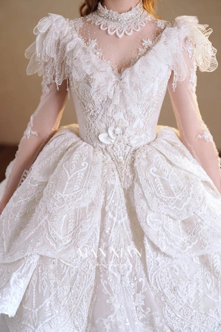 Regal Ivory High-Neck Lace Ball Gown with Sheer Sleeves, Ruffled Details &amp; Crystal Embroidery A006 by ZAPDRESS