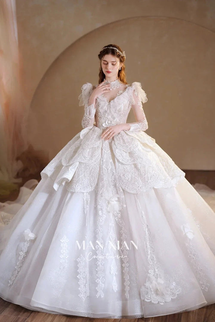 Regal Ivory High-Neck Lace Ball Gown with Sheer Sleeves, Ruffled Details &amp; Crystal Embroidery A006 by ZAPDRESS