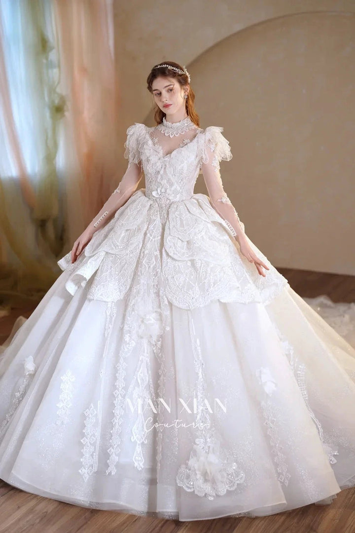Regal Ivory High-Neck Lace Ball Gown with Sheer Sleeves, Ruffled Details &amp; Crystal Embroidery A006 by ZAPDRESS
