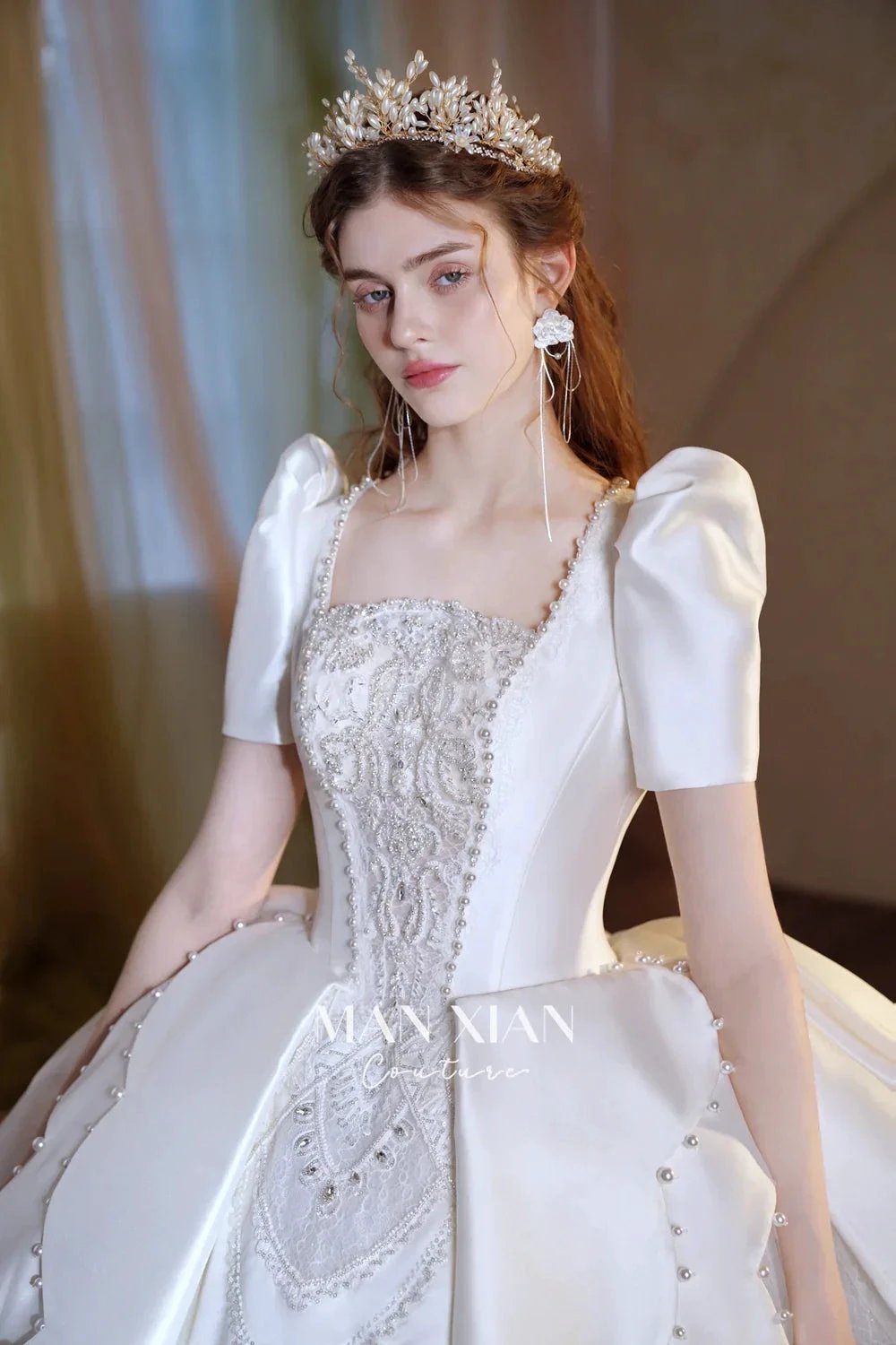 Regal Ivory Square-Neck Satin Ball Gown with Puff Sleeves, Pearl Embroidery &amp; Oversized Bow Train m011 by ZAPDRESS