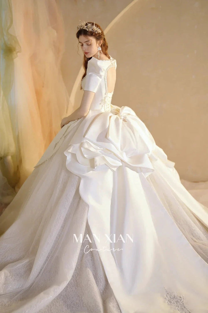 Regal Ivory Square-Neck Satin Ball Gown with Puff Sleeves, Pearl Embroidery &amp; Oversized Bow Train m011 by ZAPDRESS
