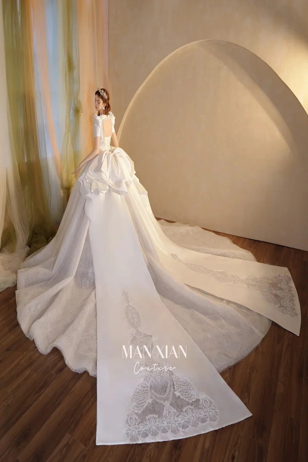 Regal Ivory Square-Neck Satin Ball Gown with Puff Sleeves, Pearl Embroidery &amp; Oversized Bow Train m011 by ZAPDRESS