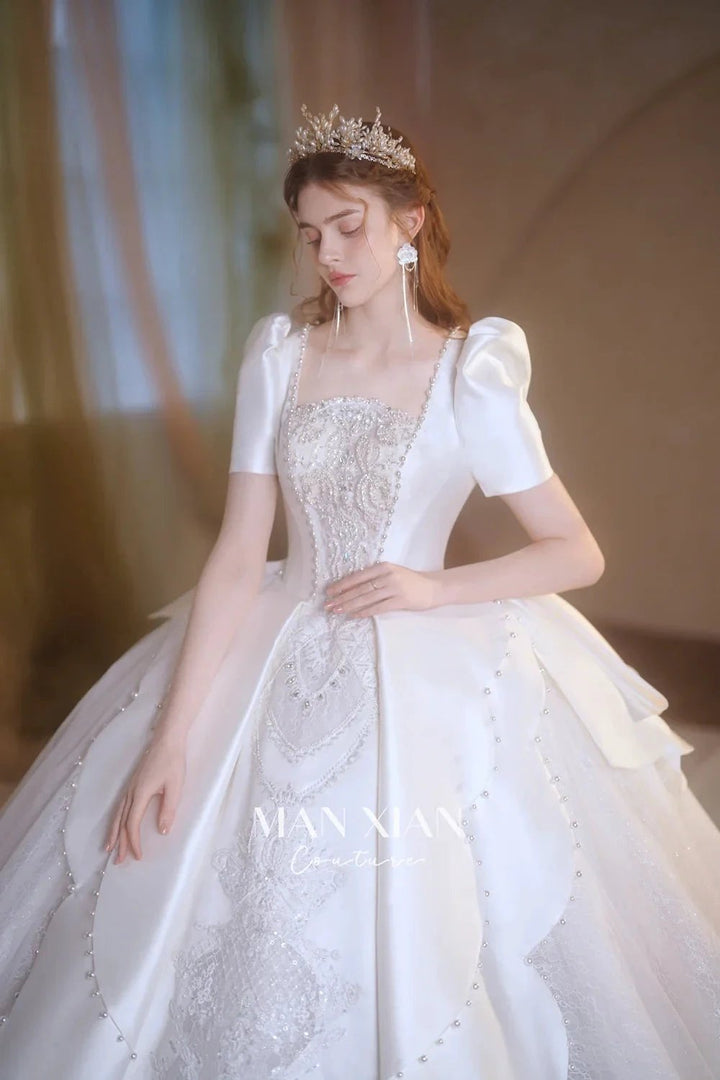 Regal Ivory Square-Neck Satin Ball Gown with Puff Sleeves, Pearl Embroidery &amp; Oversized Bow Train m011 by ZAPDRESS
