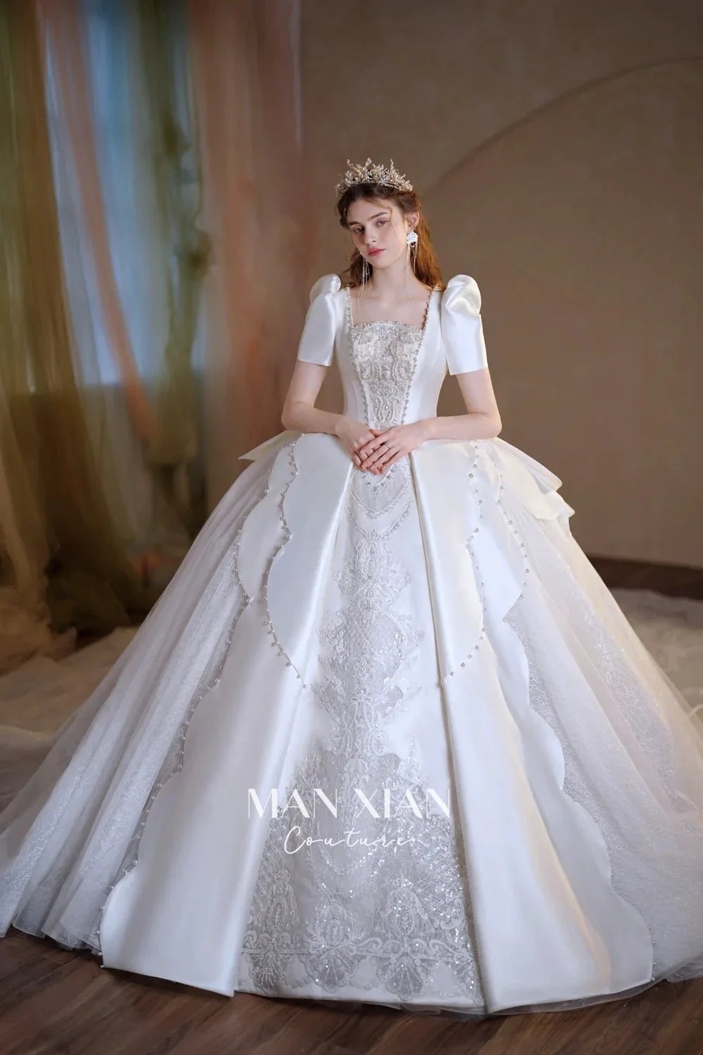 Regal Ivory Square-Neck Satin Ball Gown with Puff Sleeves, Pearl Embroidery &amp; Oversized Bow Train m011 by ZAPDRESS