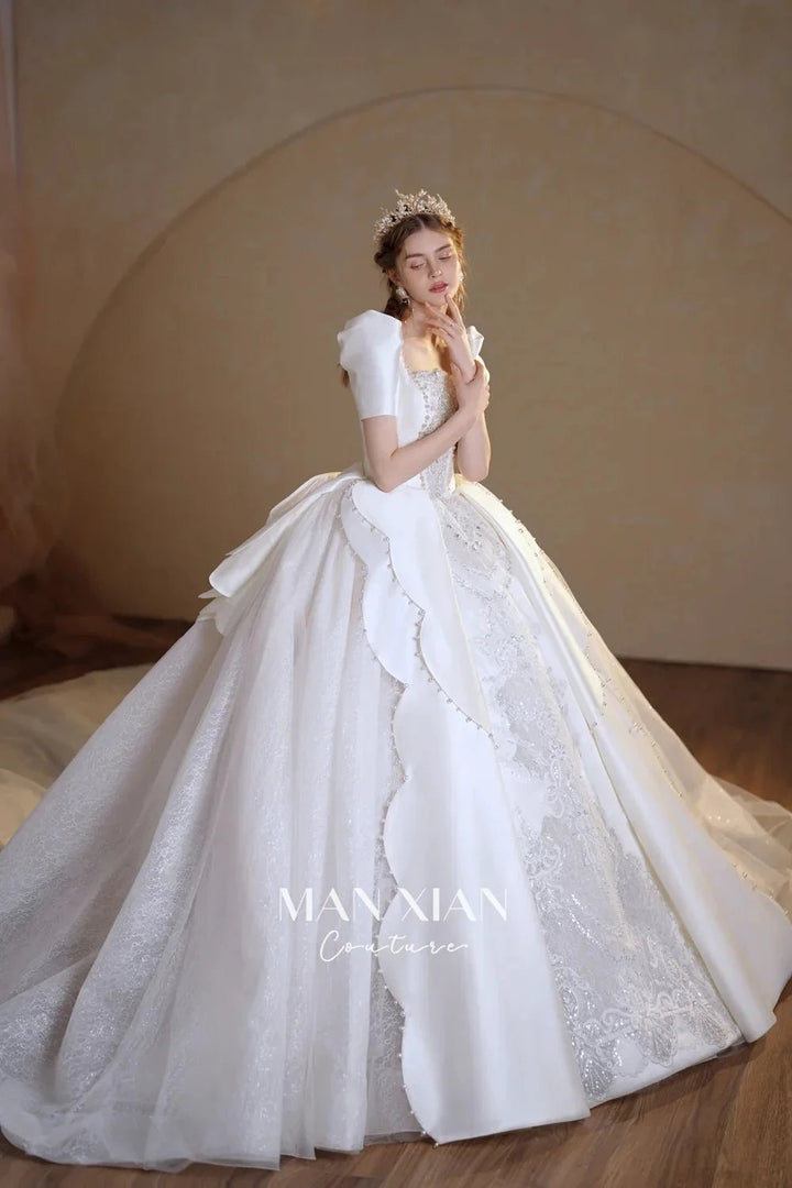 Regal Ivory Square-Neck Satin Ball Gown with Puff Sleeves, Pearl Embroidery &amp; Oversized Bow Train m011 by ZAPDRESS
