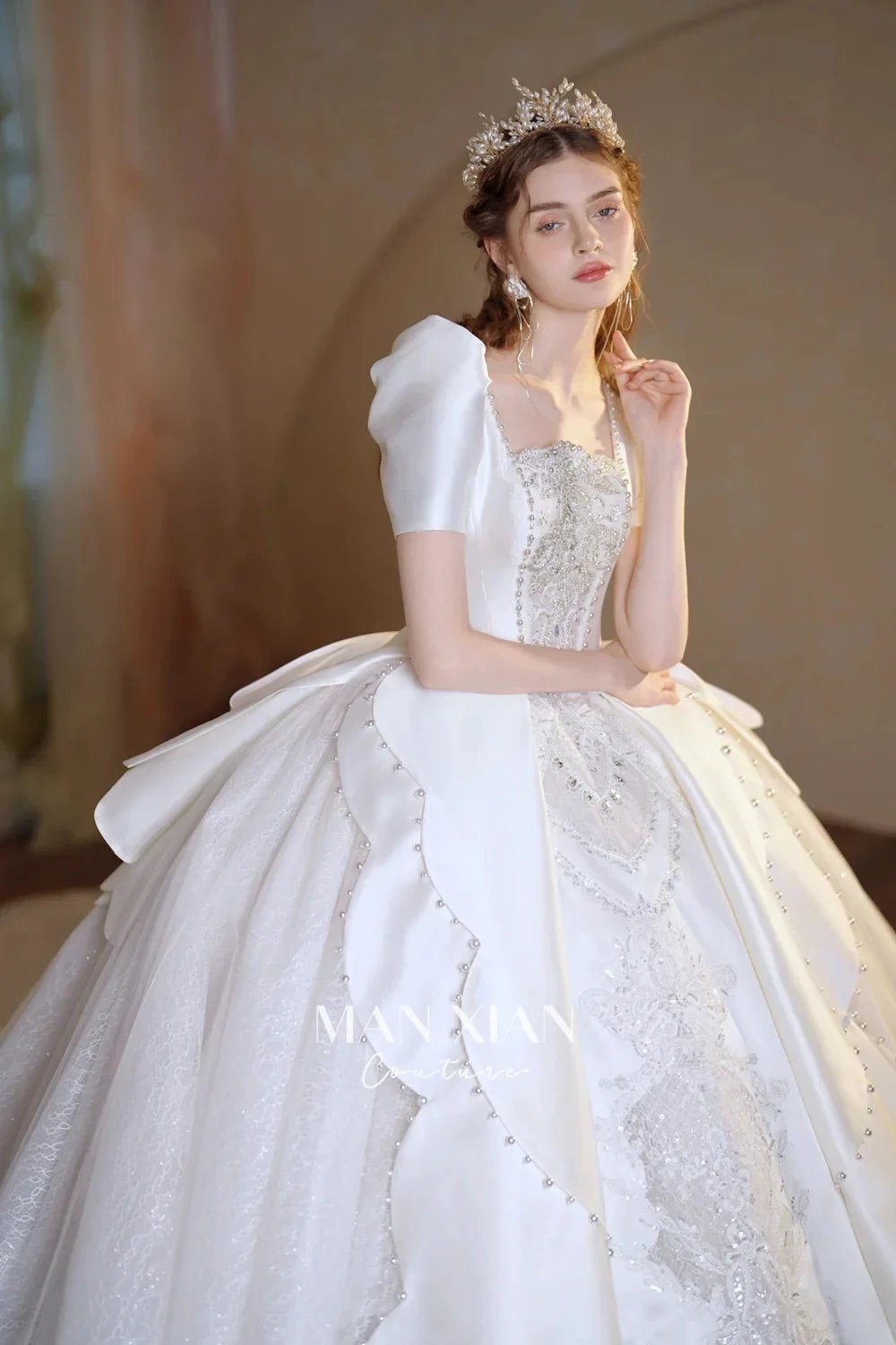 Regal Ivory Square-Neck Satin Ball Gown with Puff Sleeves, Pearl Embroidery &amp; Oversized Bow Train m011 by ZAPDRESS