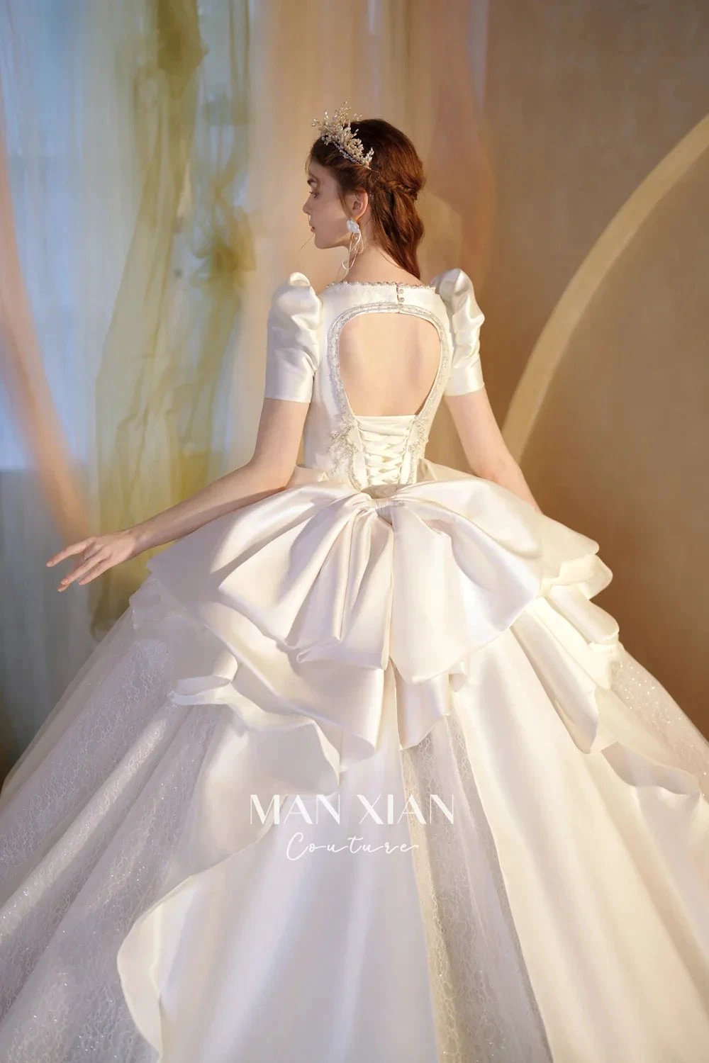 Regal Ivory Square-Neck Satin Ball Gown with Puff Sleeves, Pearl Embroidery &amp; Oversized Bow Train m011 by ZAPDRESS