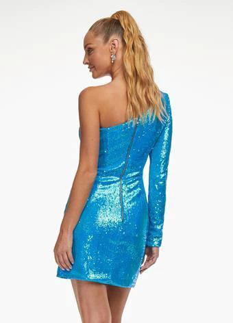 Blue Sequin Homecoming Dress One Sleeve Short Homecoming Dress SYH21 by vivymakudress
