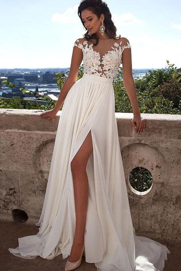 Top lace Appliques Side Slit Chiffon Party Evening Prom Dresses PG413 by pgmdress