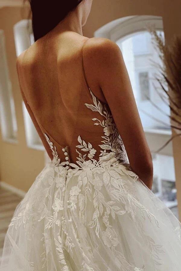 Tulle A-line Sheer Neck Beach Wedding Dress With Lace Appliques WD667 by pgmdress