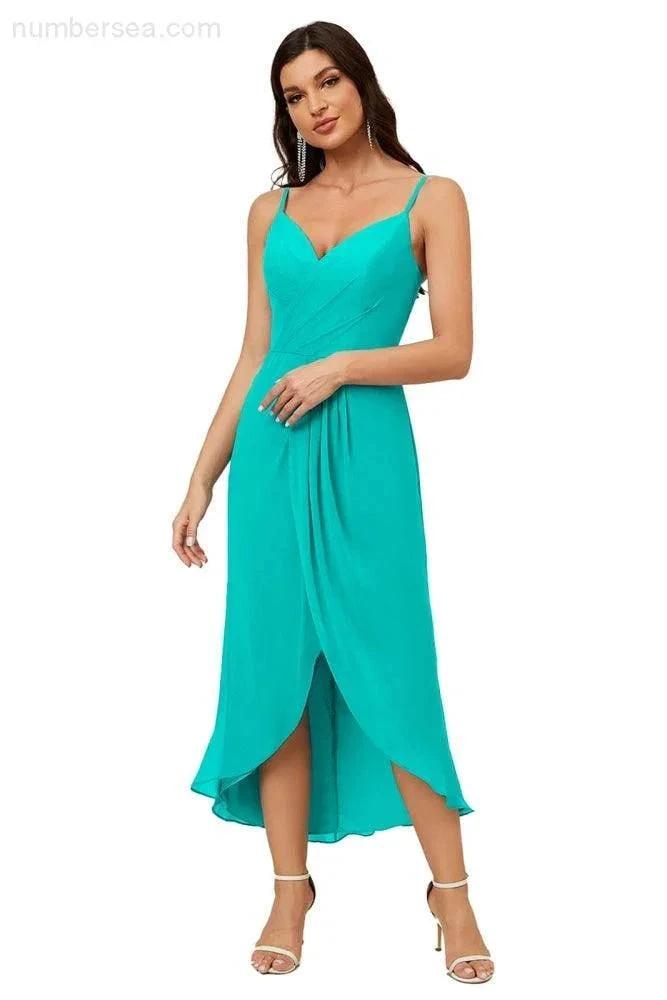 Numbersea Spaghetti Chiffon V Neck Bridesmaid Dress Mid-Length Slit Formal Prom Dress Homecoming Dress 2803 by numbersea