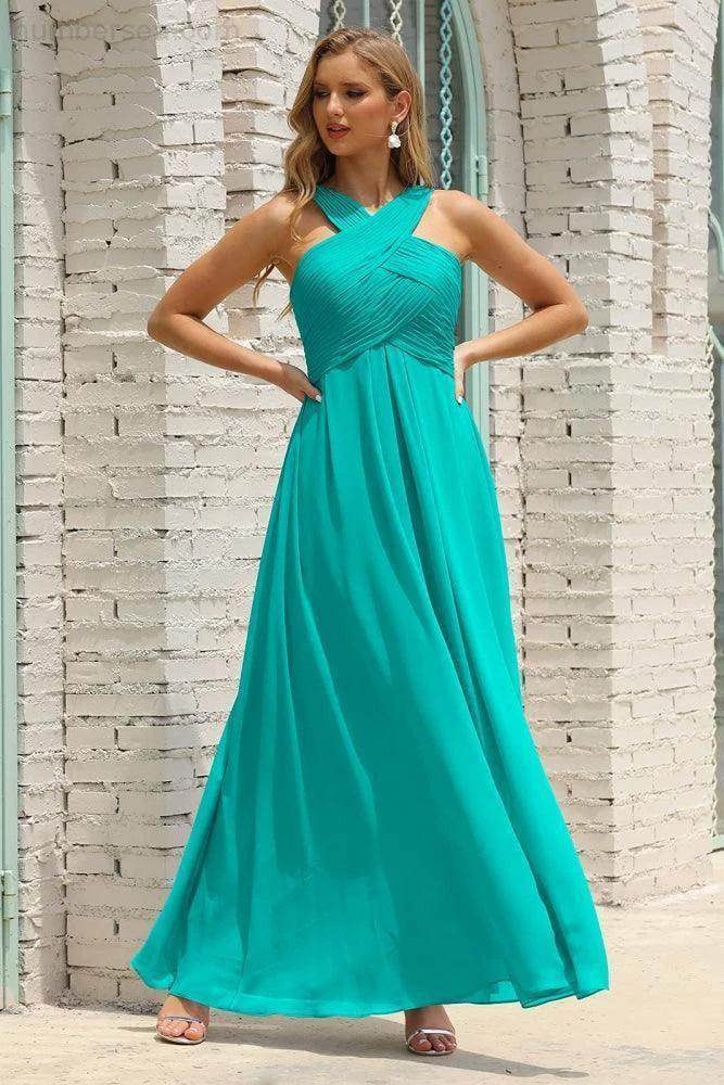 Numbersea Women Halter Chiffon Bridesmaid Dress A-line Long Formal Prom Gown SEA28015 by numbersea