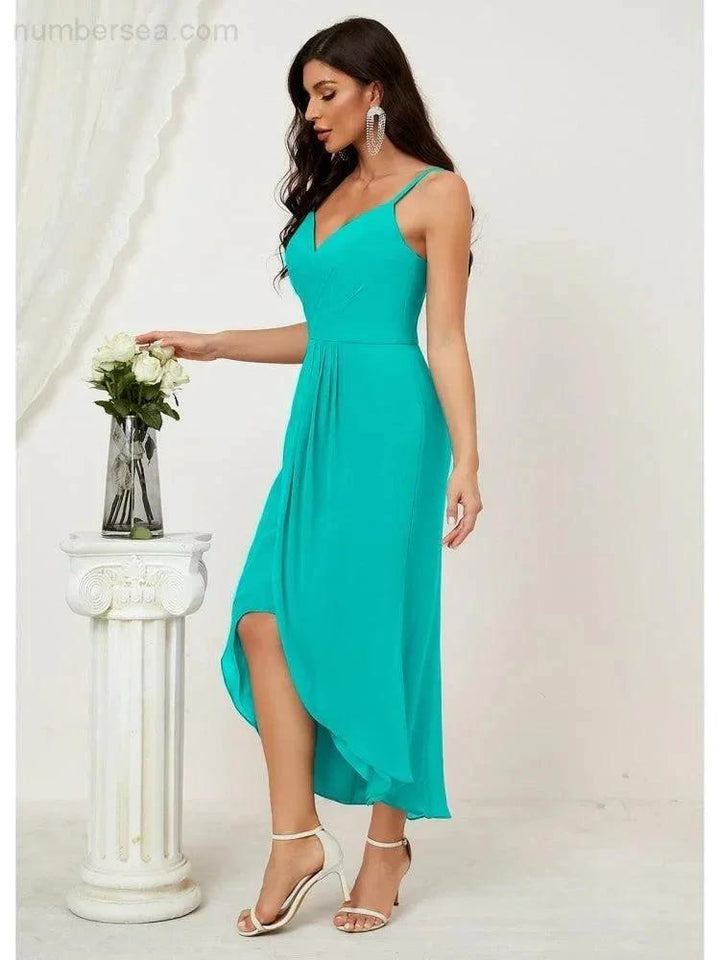 Numbersea Spaghetti Chiffon V Neck Bridesmaid Dress Mid-Length Slit Formal Prom Dress Homecoming Dress 2803 by numbersea