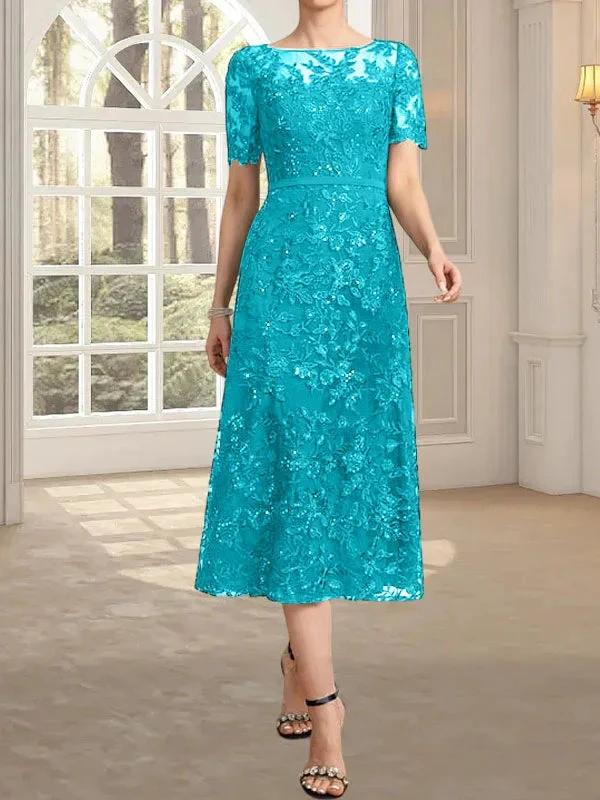 A-line Scoop Illusion Tea-Length Lace Mother of the Bride Dress With Sequins by Dreamylily