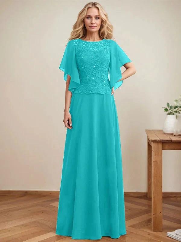 A-line Scoop Illusion Floor-Length Lace Chiffon Mother of the Bride Dress With Sequins by Dreamylily