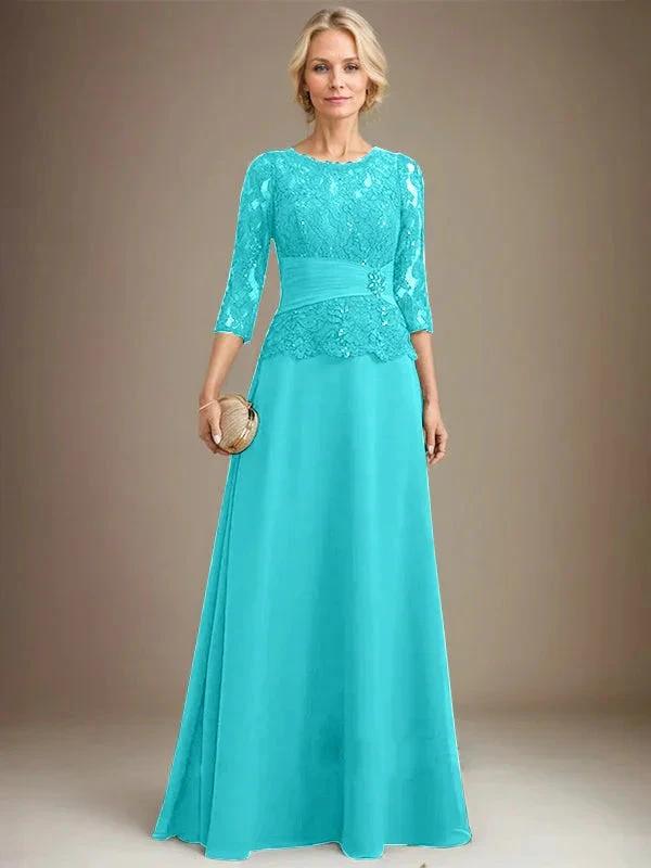 A-line Scoop Illusion Floor-Length Chiffon Lace Mother of the Bride Dress With Pleated Sequins Beading by Dreamylily
