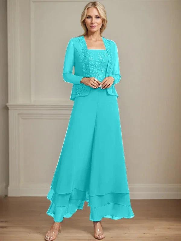 Separates Jumpsuit/Pantsuit Square Ankle-Length Lace Chiffon Mother of the Bride Dress With Sequins by Dreamylily