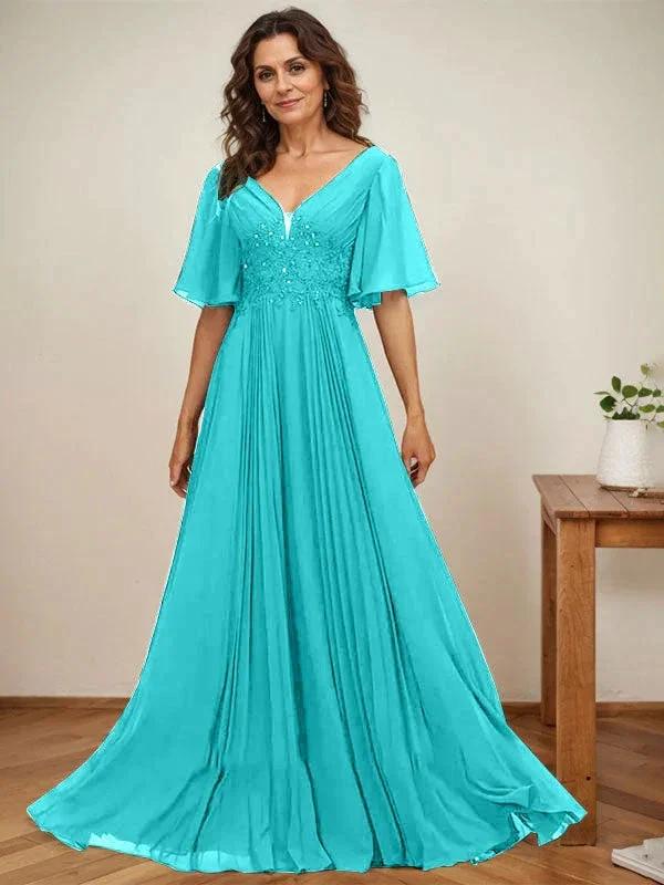 A-line V-Neck Floor-Length Chiffon Mother of the Bride Dress With Sequins Appliques Lace Pleated by Dreamylily