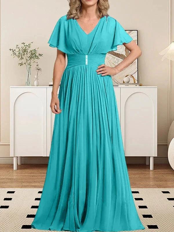 A-line V-Neck Floor-Length Chiffon Mother of the Bride Dress With Crystal Brooch Pleated by Dreamylily