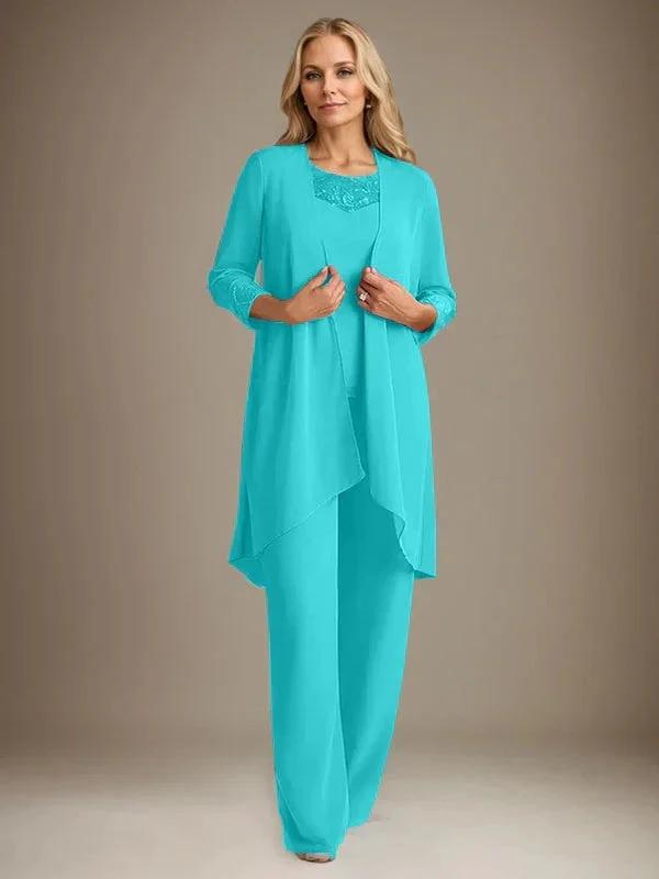 Chiffon Scoop Long Sleeves Mother Of The Bride Pantsuits With Jacket by Dreamylily
