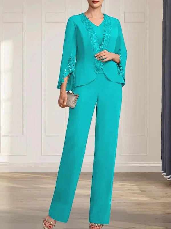 Separates Jumpsuit/Pantsuit V-Neck Floor-Length Chiffon Mother of the Bride Dress by Dreamylily