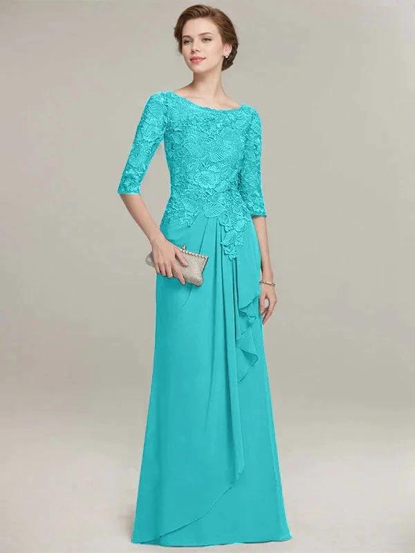 A-line Scoop Illusion Floor-Length Lace Chiffon Mother of the Bride Dress With Cascading Ruffles by Dreamylily