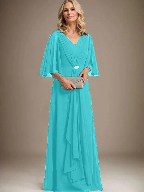 A-line V-Neck Floor-Length Chiffon Mother of the Bride Dress With Cascading Ruffles Crystal Brooch by Dreamylily