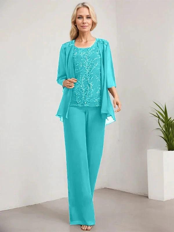 Separates Jumpsuit/Pantsuit Scoop Floor-Length Lace Chiffon Mother of the Bride Dress With Sequins by Dreamylily
