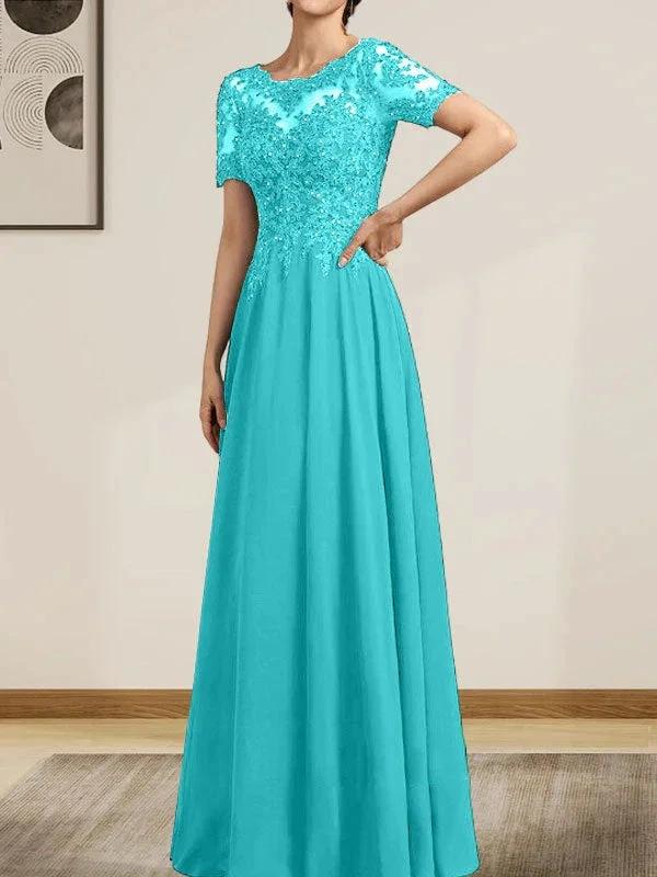 A-line Scoop Illusion Floor-Length Chiffon Lace Mother of the Bride Dress With Sequins Beading by Dreamylily
