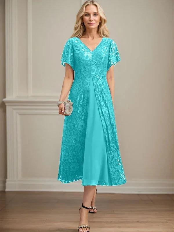A-line V-Neck Tea-Length Lace Chiffon Mother of the Bride Dress by Dreamylily