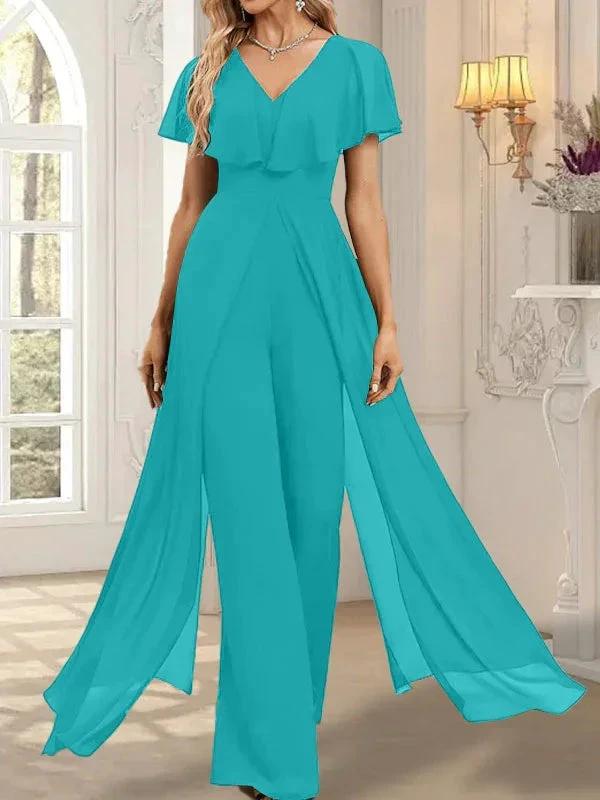 Jumpsuit/Pantsuit V-Neck Floor-Length Chiffon Evening Dress by Dreamylily