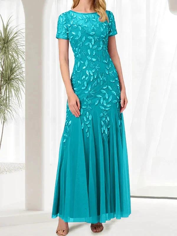 Blue Mermaid Round Neck Long Mother of the Bride Dress With Beadings by Dreamylily