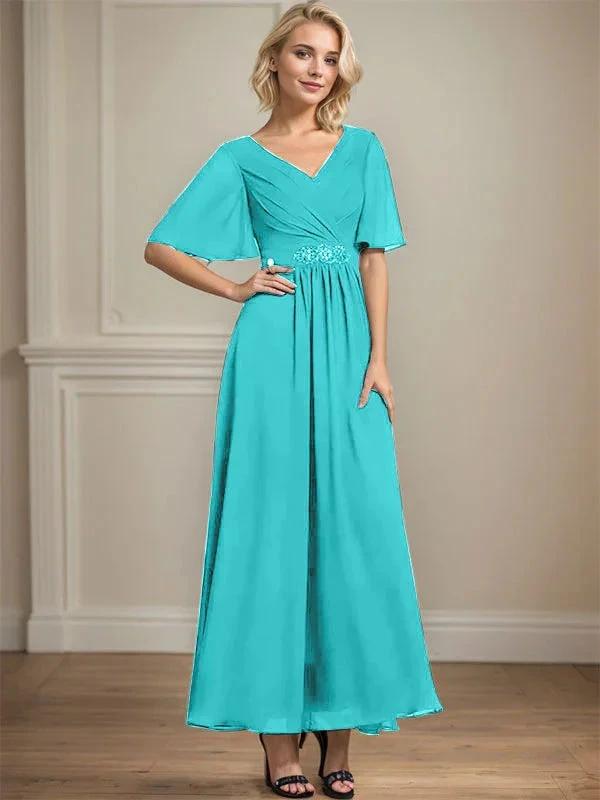 A-line V-Neck Ankle-Length Chiffon Mother of the Bride Dress With Pleated Beading Sequins by Dreamylily