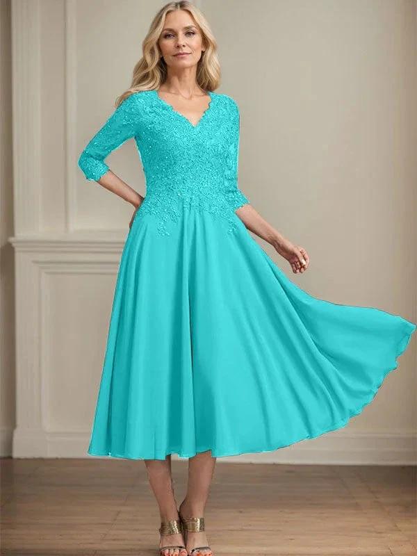 A-line V-Neck Tea-Length Chiffon Lace Mother of the Bride Dress With Beading Sequins by Dreamylily