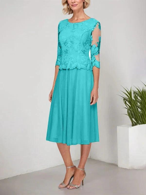 A-line Scoop Tea-Length Lace Chiffon Mother of the Bride Dress With Embroidery by Dreamylily