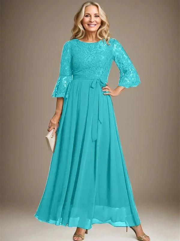 A-Linie U-Ausschnitt Knöchellang Spitzen Chiffon Kleid für die Brautmutter mit Schleife
