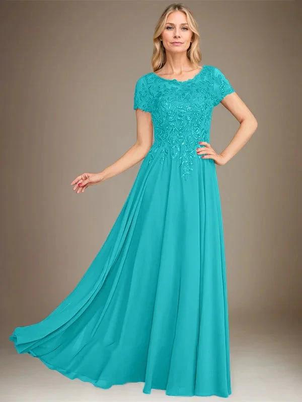 A-Line Scoop Floor-Length Chiffon Mother of the Bride Dress With Applique &amp; Sequins by Dreamylily
