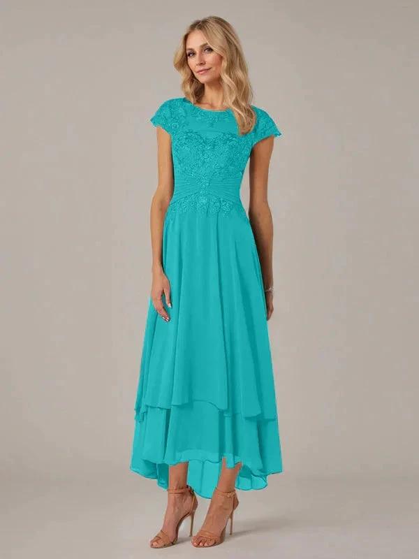 A-line Boat Neck Illusion Asymmetrical Chiffon Lace Mother of the Bride Dress With Applique Pleats by Dreamylily
