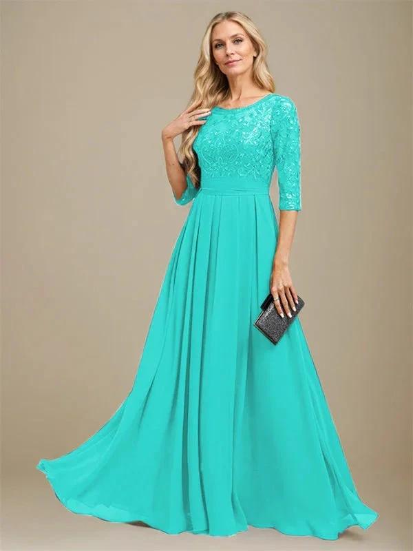 A-Line Scoop Floor-Length Lace Chiffon Mother Of the Bride Dress With Sequins Applique by Dreamylily