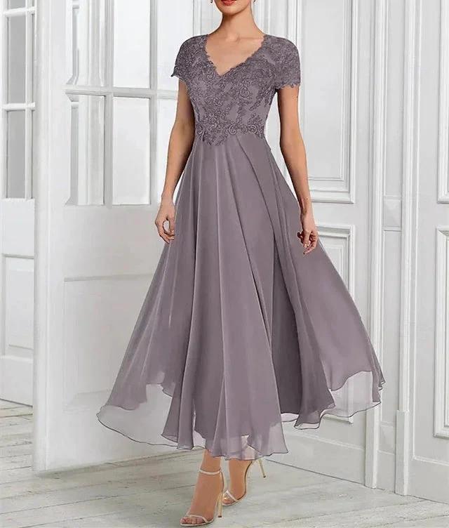 A-Line/Princess Chiffon V Neck Short Sleeves Mother of the Bride Dresses with Lace Jacket Pleats Appliques by Dreamylily