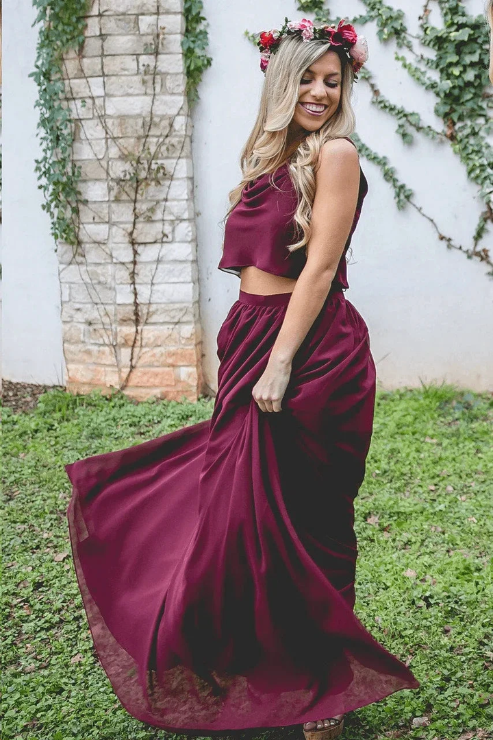 Two Piece A Line Burgundy Long Bridesmaid Dresses BD095 by pgmdress