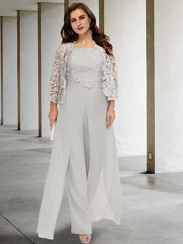 Chiffon Square Neck Mother of the Bride Pantsuits with Jacket by Dreamylily