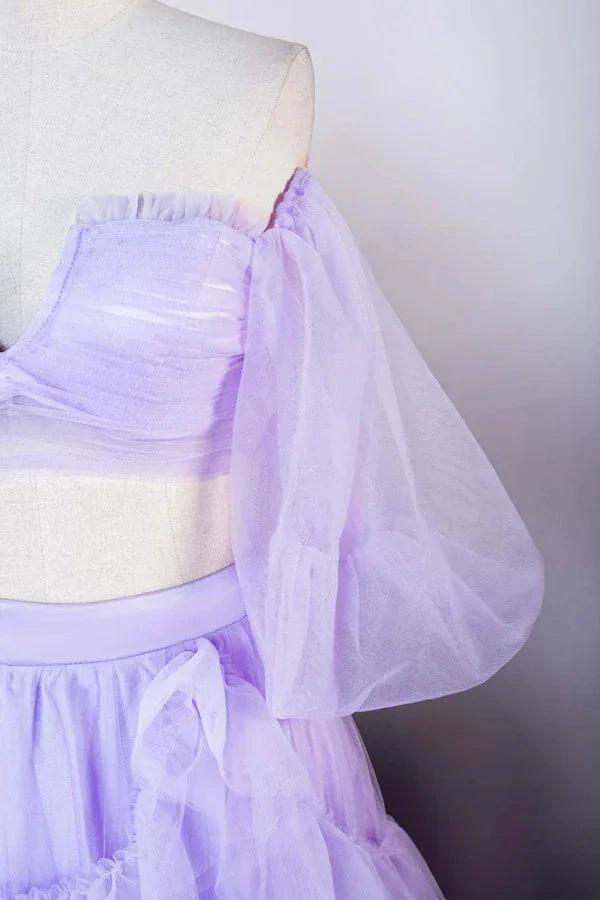Two Piece Lavender Off the Shoulder Ruffles Prom Dress with Slit PSK469 by pgmdress
