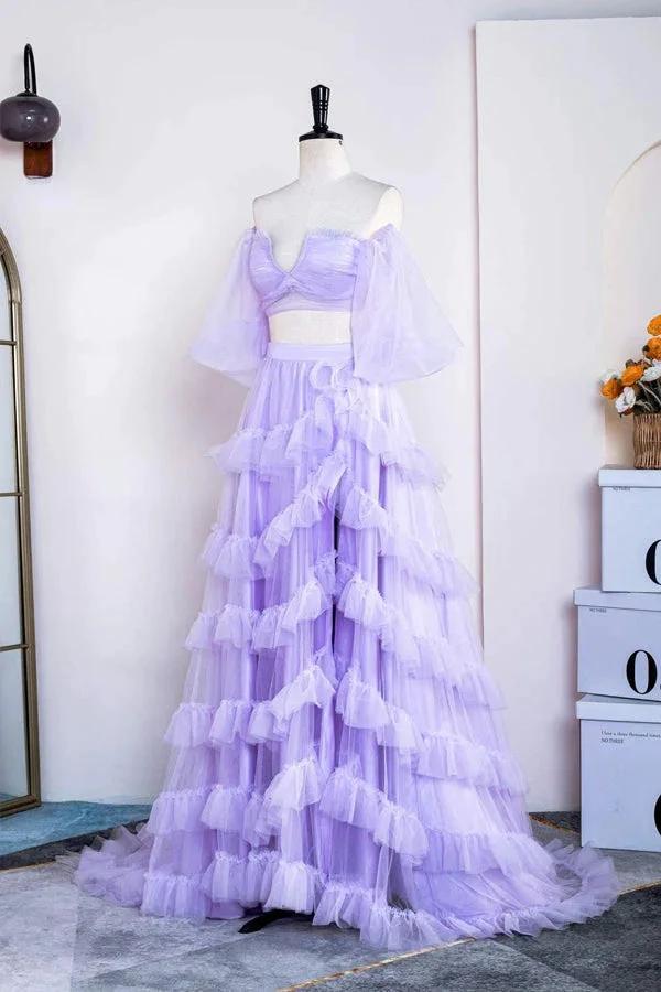 Two Piece Lavender Off the Shoulder Ruffles Prom Dress with Slit PSK469 by pgmdress