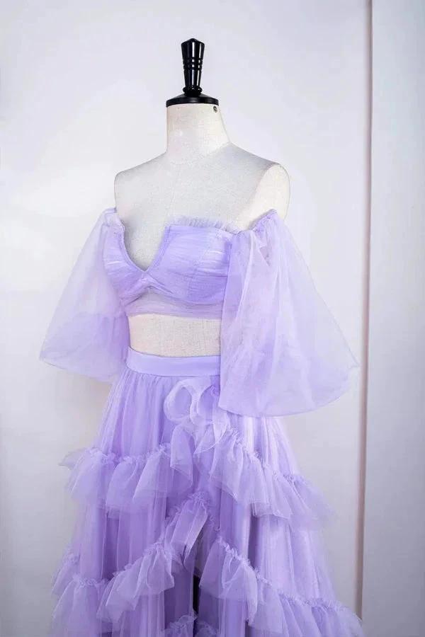 Two Piece Lavender Off the Shoulder Ruffles Prom Dress with Slit PSK469 by pgmdress