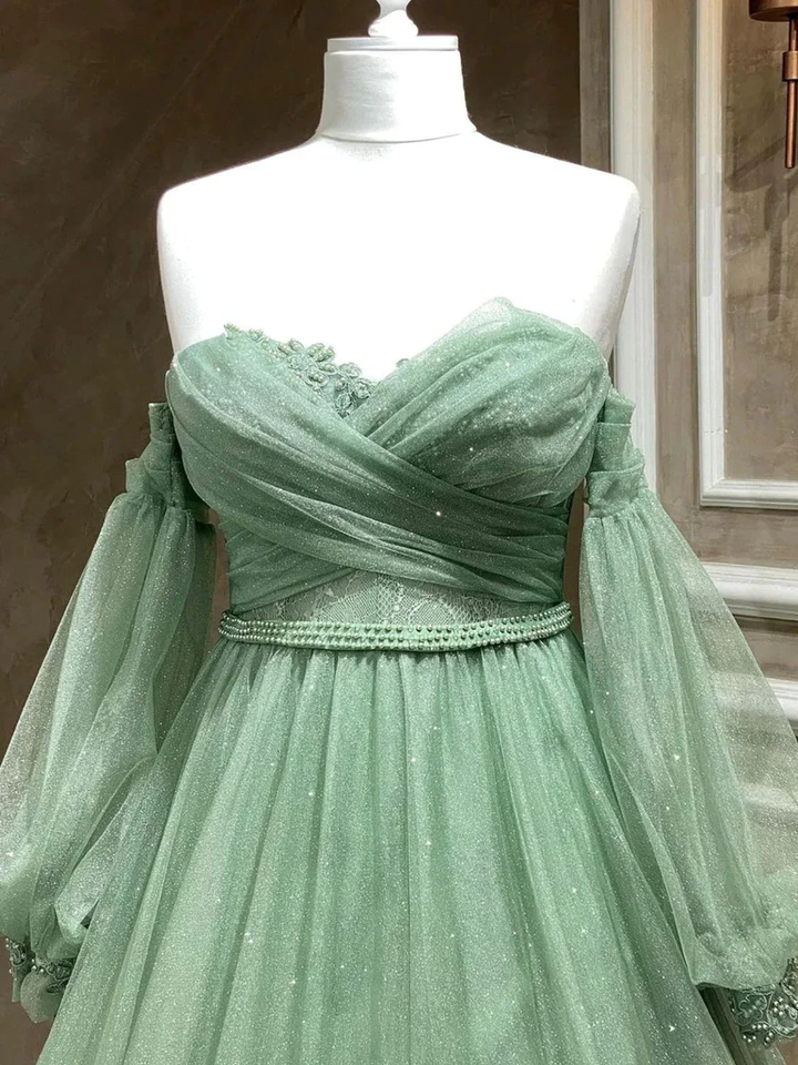 A-Line Sweetheart Neck Tulle Green Long Prom Dress, Green Formal Evening Dress Y3033 by simplepromdress