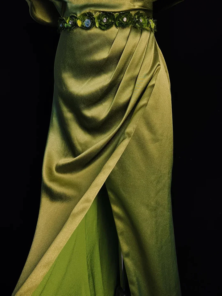 Classy Olive Green Satin Off The Shoulder Slit Prom Dress Slit Mermaid Evening Dress Y8650 by simplepromdress