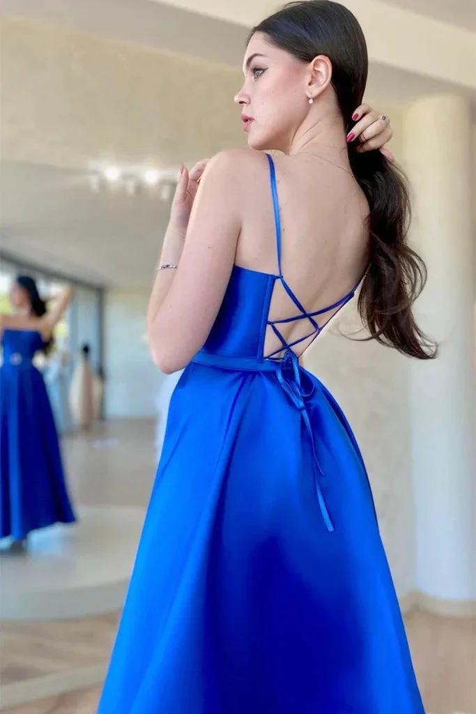 Backless Royal Blue Satin Long Prom Dress with High Slit, Backless Blue Formal Graduation Evening Dress Y203 by simplepromdress