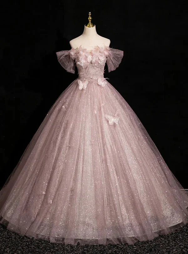 Elegant Pink Tulle Sequins Ball Gown Butterfly Appliques Formal Evening Dress Y7996 by simplepromdress