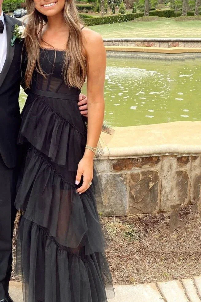 Elegant A-line Layered Tulle Black Prom Dress,Sheer Corset Long Evening Dress,Graduation Dress Y1765 by simplepromdress